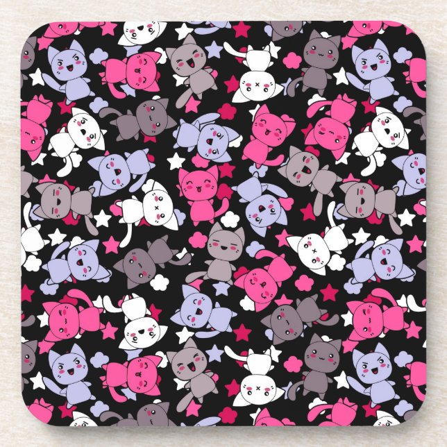 pattern with cute kawaii doodle cats 3 beverage coaster (Front)
