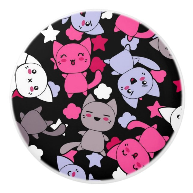 pattern with cute kawaii doodle cats 3 ceramic knob (Front)