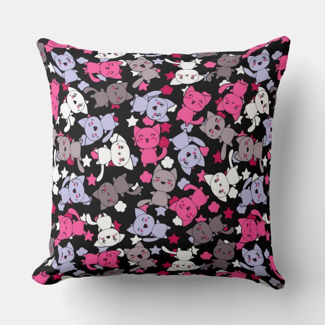 pattern with cute kawaii doodle cats 3 throw pillow (Front)