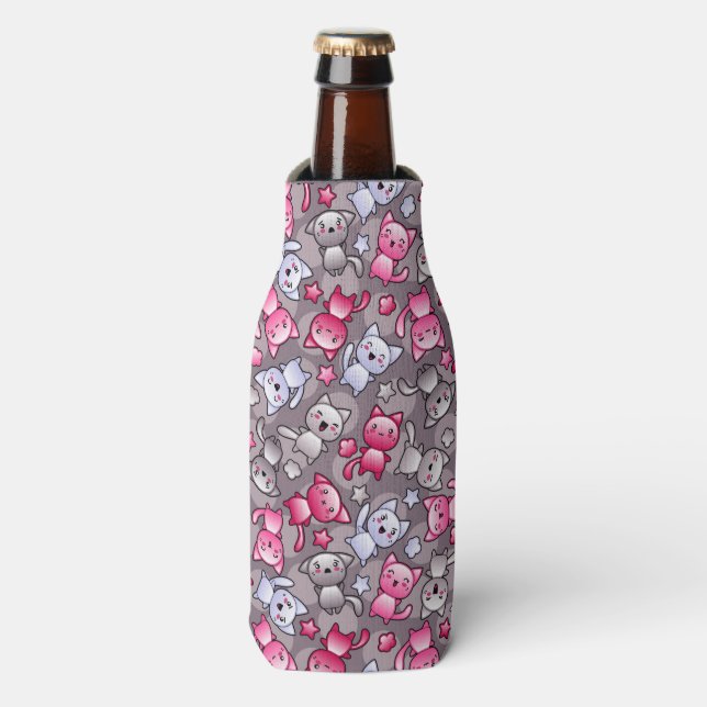 pattern with cute kawaii doodle cats bottle cooler (Bottle Front)