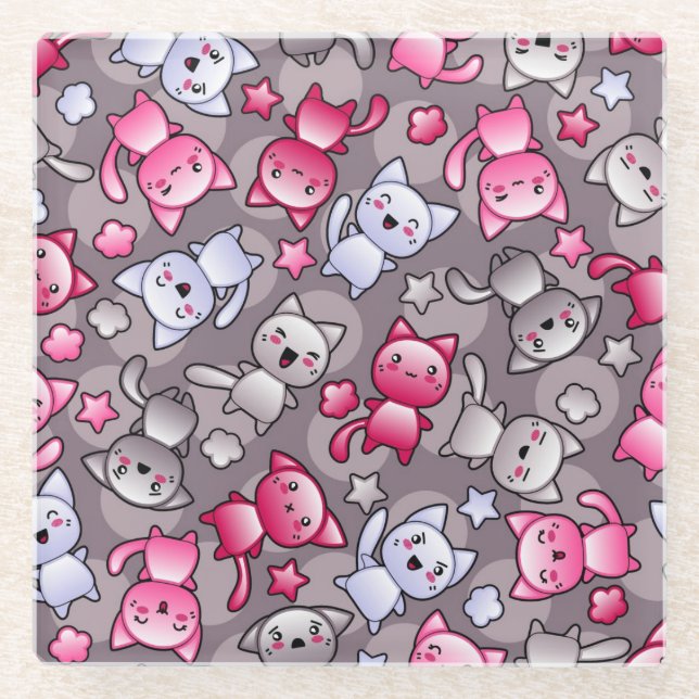 pattern with cute kawaii doodle cats glass coaster (Front)