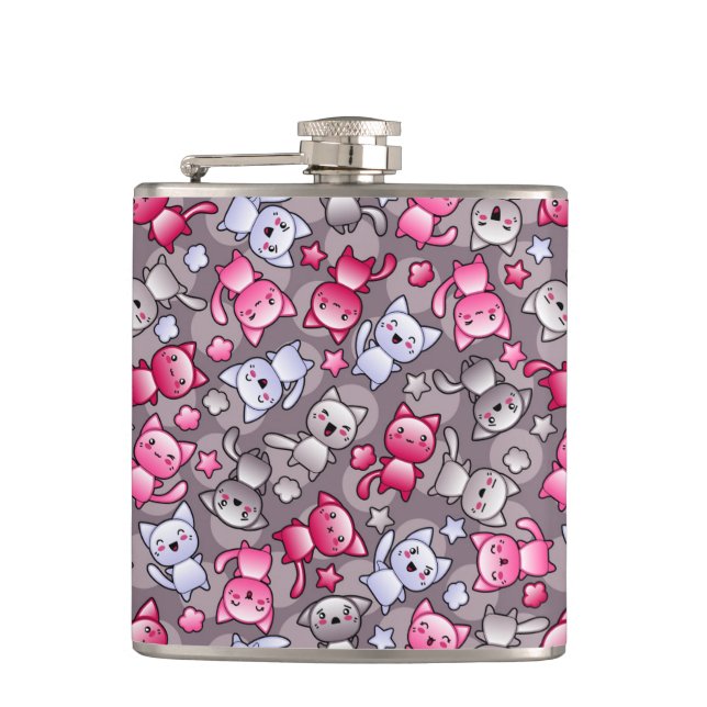 pattern with cute kawaii doodle cats hip flask (Front)