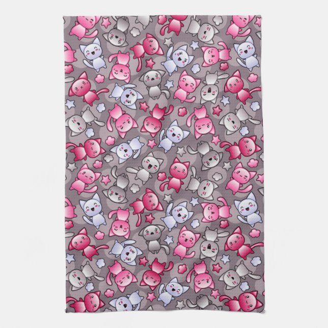 pattern with cute kawaii doodle cats kitchen towel (Vertical)