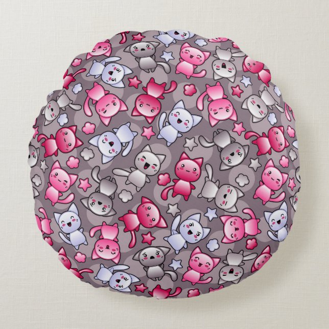 pattern with cute kawaii doodle cats round pillow (Front)