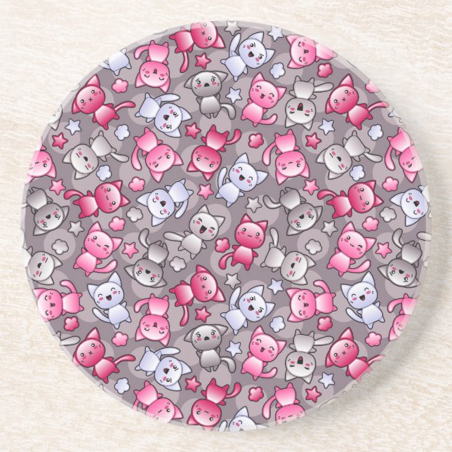 pattern with cute kawaii doodle cats sandstone coaster (Front)