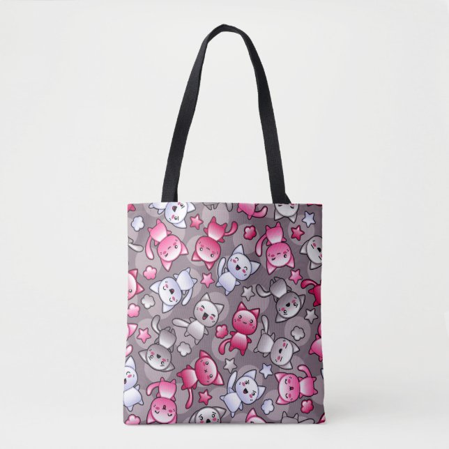 pattern with cute kawaii doodle cats tote bag (Front)