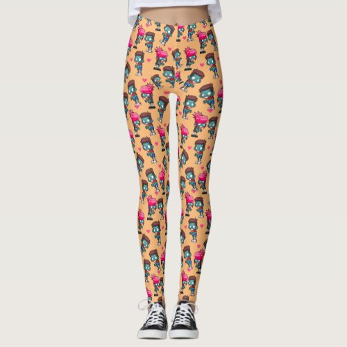 Pattern with Cute Zombie Girls Guys and Hearts Leggings