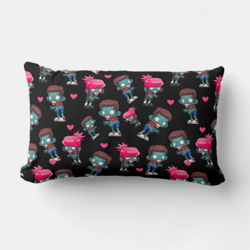 Pattern with Cute Zombie Girls Guys and Hearts Lumbar Pillow