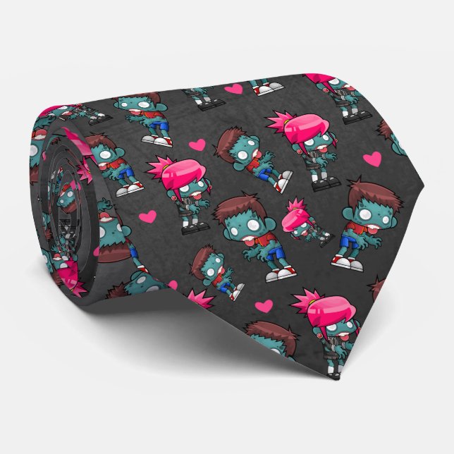 Pattern with Cute Zombie Girls, Guys and Hearts Neck Tie (Rolled)