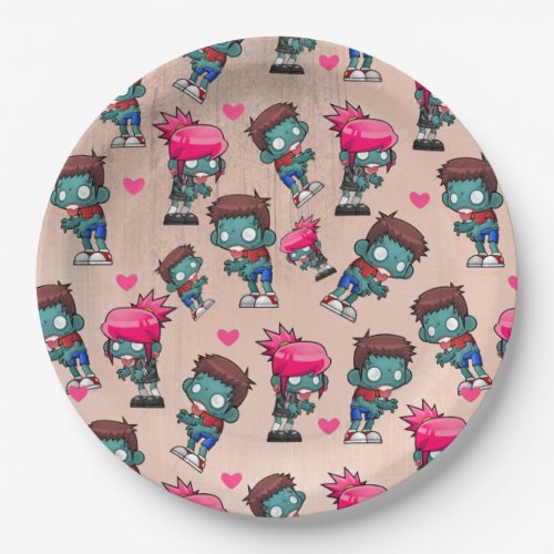 Pattern with Cute Zombie Girls Guys and Hearts Paper Plates