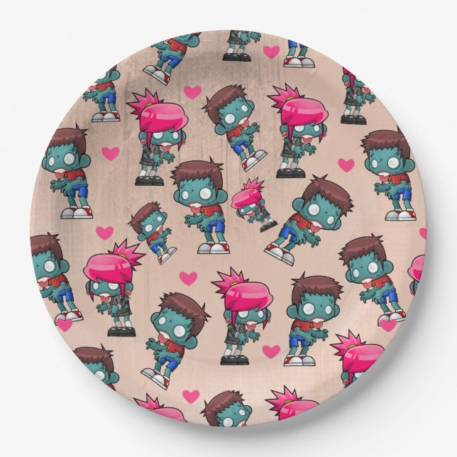 Pattern with Cute Zombie Girls, Guys and Hearts Paper Plates (Front)