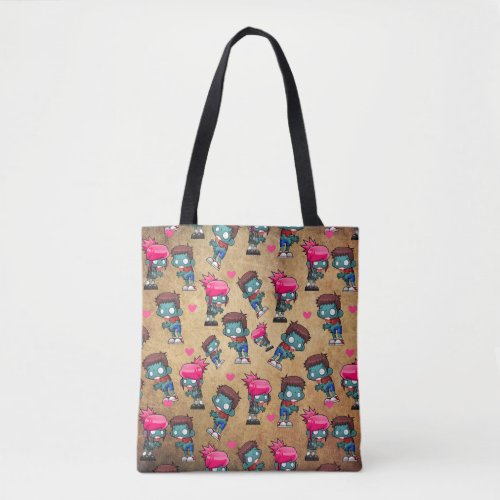 Pattern with Cute Zombie Girls Guys and Hearts Tote Bag