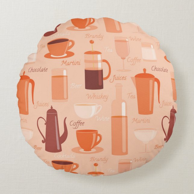 Pattern with drinks and text round pillow (Front)