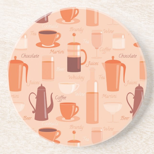 Pattern with drinks and text sandstone coaster (Front)