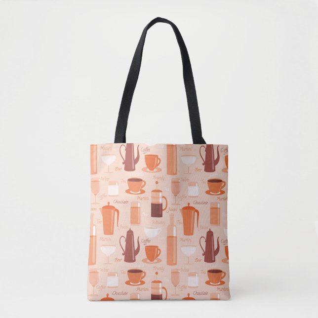 Pattern with drinks and text tote bag (Front)