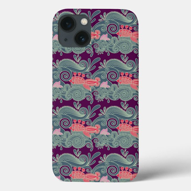 Pattern With Fish And Purple Wave Case-Mate iPhone Case (Back)