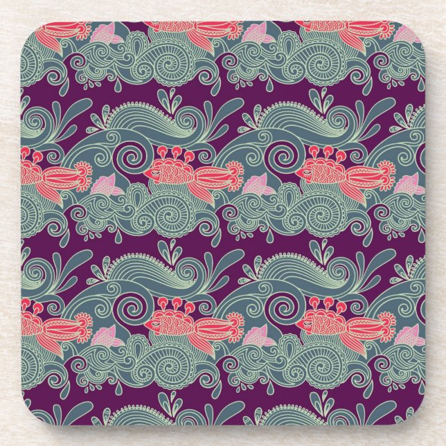 Pattern With Fish And Purple Wave Drink Coaster (Front)