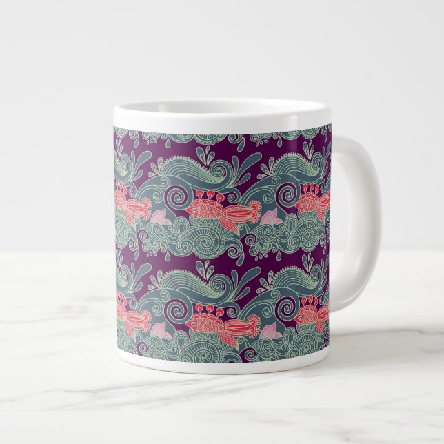 Pattern With Fish And Purple Wave Giant Coffee Mug (Front Right)
