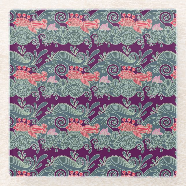 Pattern With Fish And Purple Wave Glass Coaster (Front)