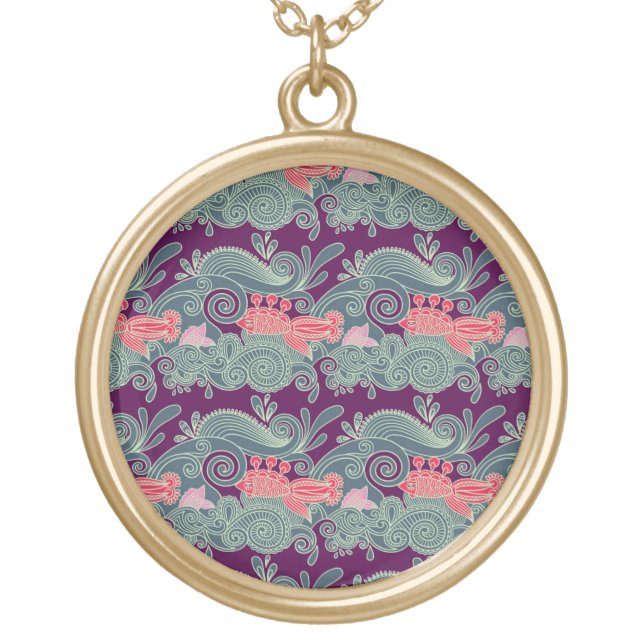 Pattern With Fish And Purple Wave Gold Plated Necklace (Front)