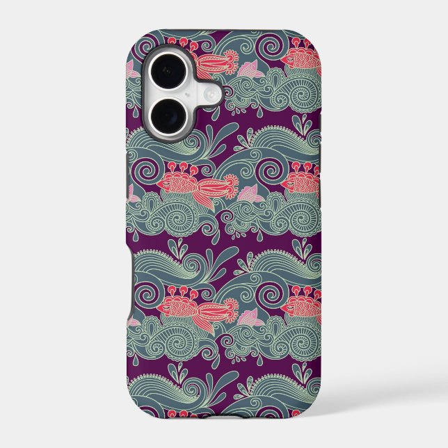 Pattern With Fish And Purple Wave Iphone Case (Back)