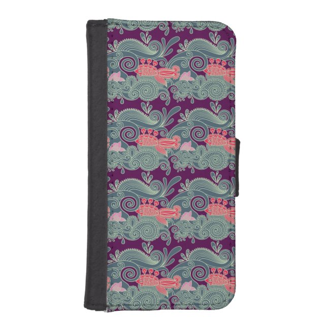 Pattern With Fish And Purple Wave iPhone Wallet Case (Front)