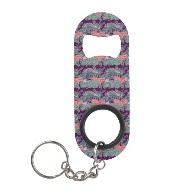 Pattern With Fish And Purple Wave Keychain Bottle Opener (Front)