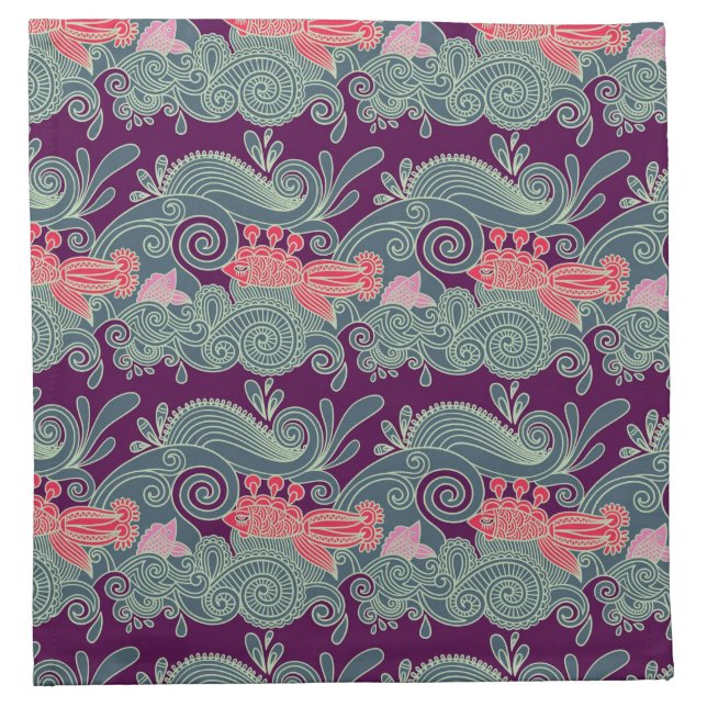 Pattern With Fish And Purple Wave Napkin (Front)