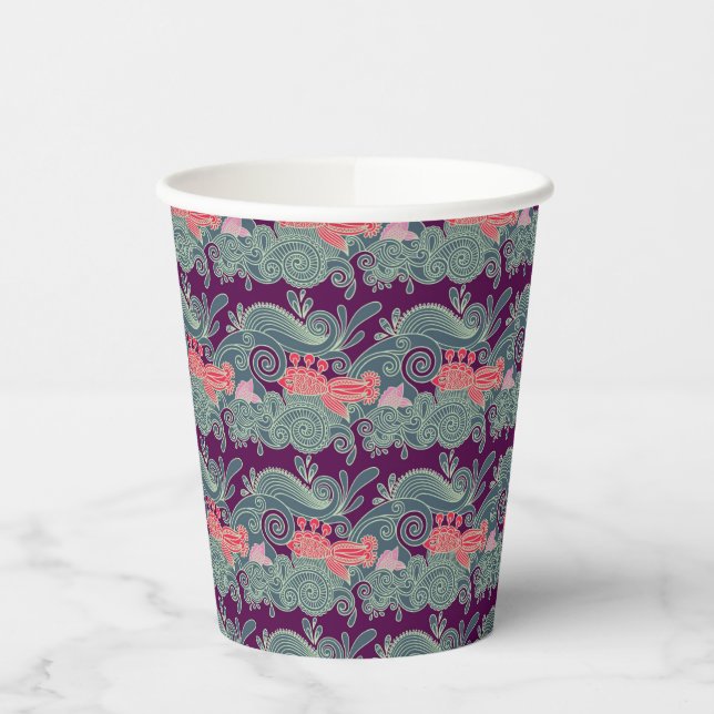 Pattern With Fish And Purple Wave Paper Cups (Left)