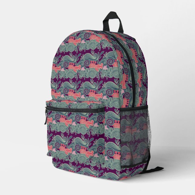 Pattern With Fish And Purple Wave Printed Backpack (Back Corner Right)