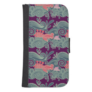 Pattern With Fish And Purple Wave Samsung S4 Wallet Case