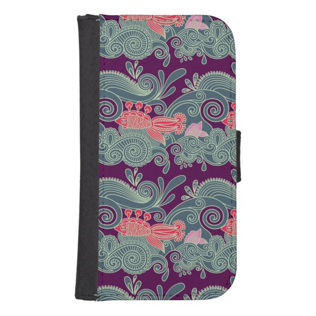 Pattern With Fish And Purple Wave Samsung Galaxy Wallet Case (Front)