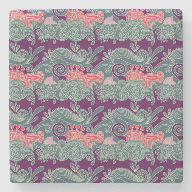 Pattern With Fish And Purple Wave Stone Coaster (Front)