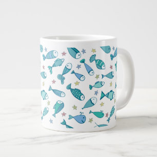 Pattern With Fish And Starfish Large Coffee Mug