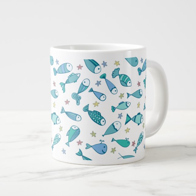 Pattern With Fish And Starfish Large Coffee Mug (Front Right)