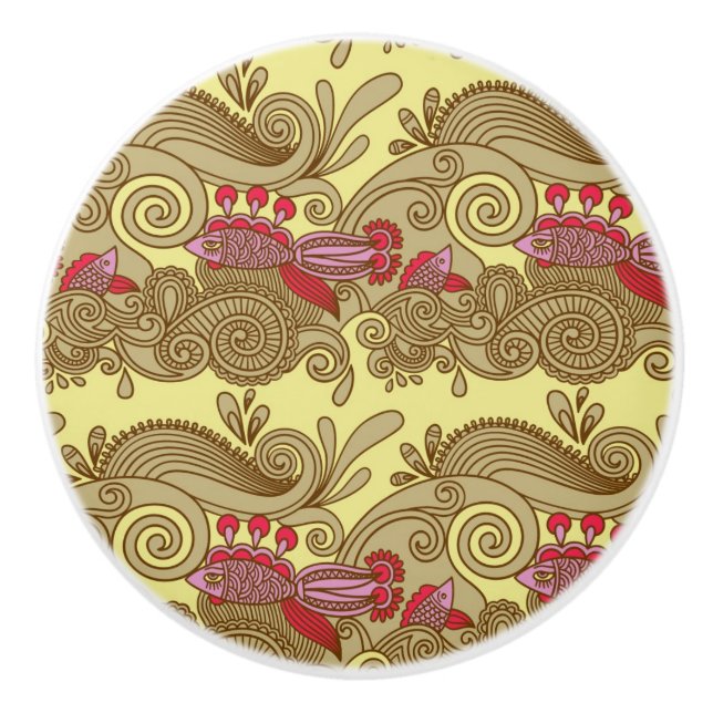 Pattern With Fish And Wave Ceramic Knob (Front)