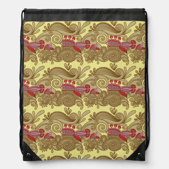 Pattern With Fish And Wave Drawstring Bag (Front)