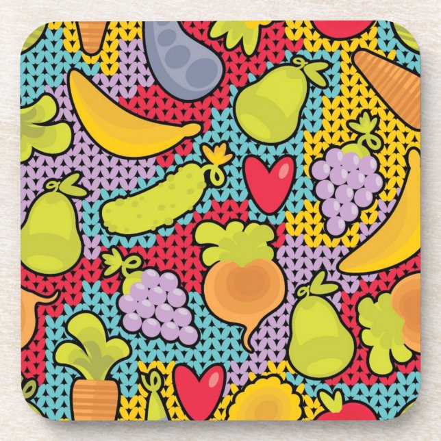 Pattern with fruits and vegetables beverage coaster (Front)