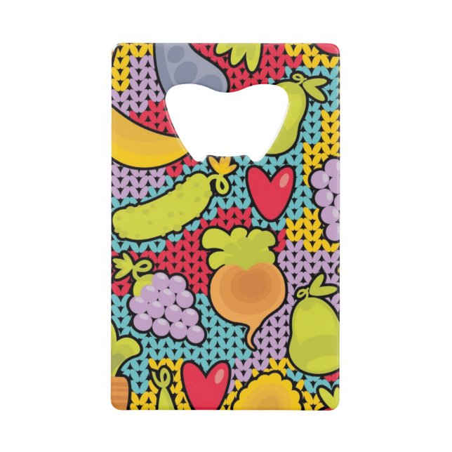 Pattern with fruits and vegetables credit card bottle opener (Front)