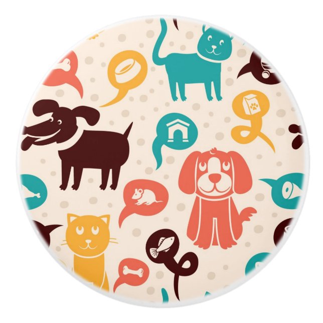 Pattern With Funny Cats And Dogs Ceramic Knob (Front)