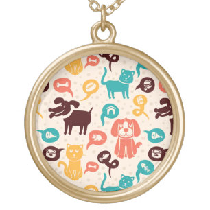Pattern With Funny Cats And Dogs Gold Plated Necklace