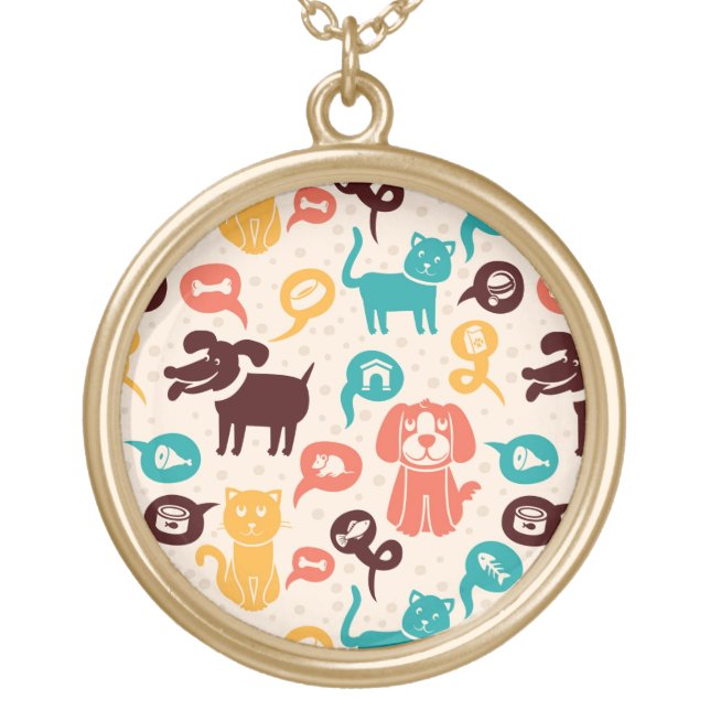 Pattern With Funny Cats And Dogs Gold Plated Necklace (Front)