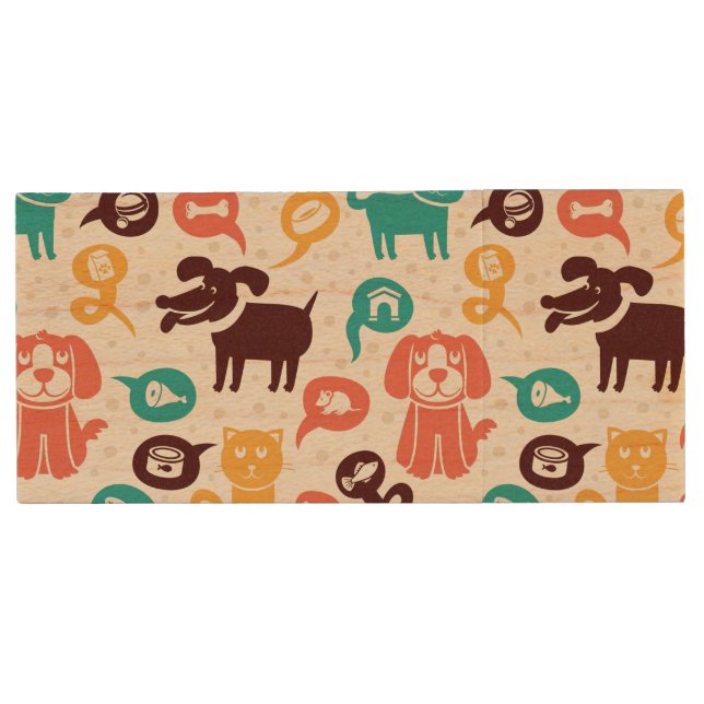 Pattern With Funny Cats And Dogs Wood USB Flash Drive (Front)
