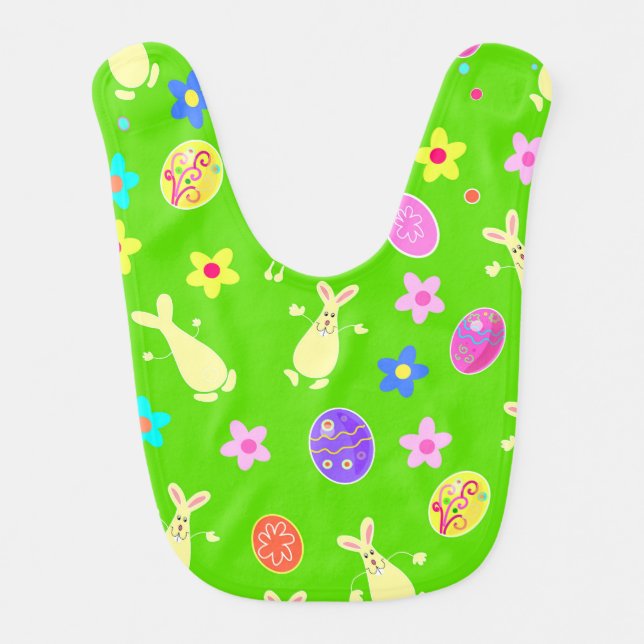 Pattern with funny decorative hares and eggs. baby bib (Front)
