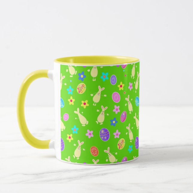 Pattern with funny decorative hares and eggs. mug (Left)