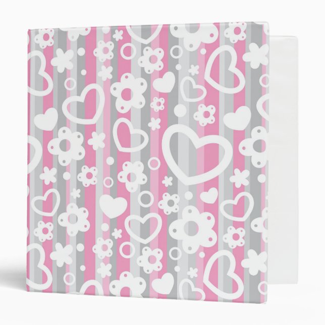 Pattern with Hearts and Flowers 3 Ring Binder (Front/Inside)