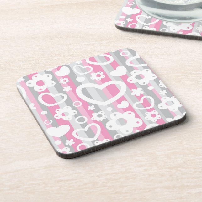 Pattern with Hearts and Flowers Beverage Coaster (Left Side)