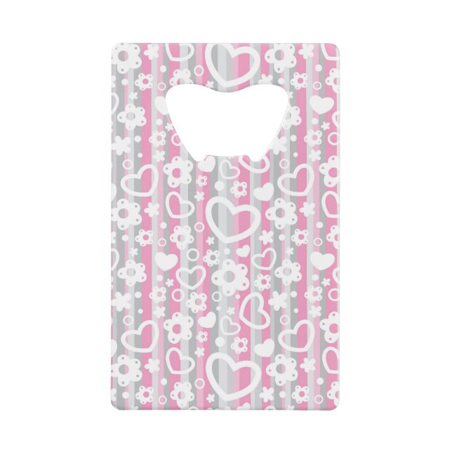 Pattern with Hearts and Flowers Credit Card Bottle Opener (Front)