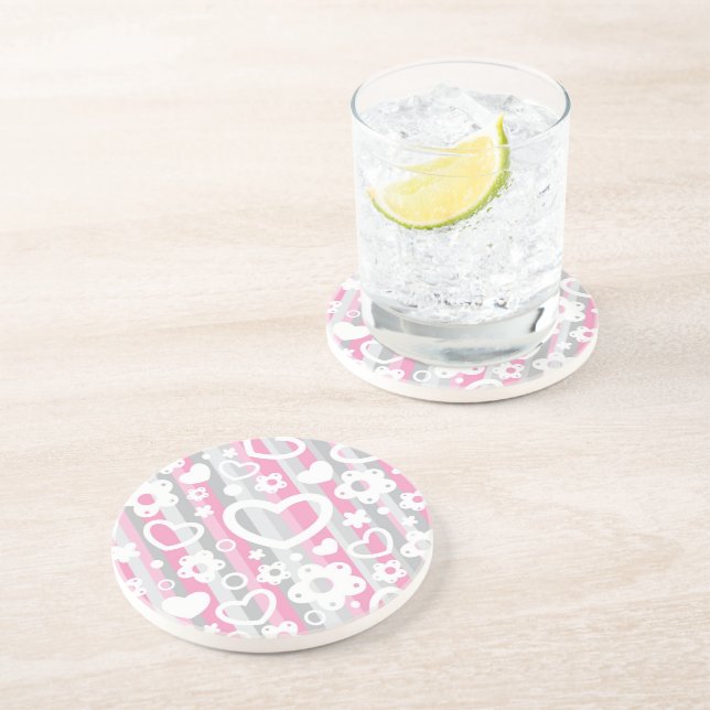 Pattern with Hearts and Flowers Drink Coaster (Side)