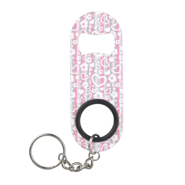 Pattern with Hearts and Flowers Keychain Bottle Opener (Front)